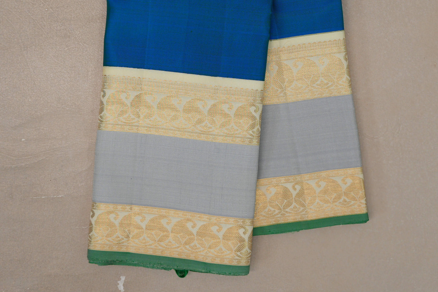 Peacock Blue with Cream Rettai Pettu Borders Vintage Kanjivaram Silk Saree by Shreenivas Silks PSSR019625