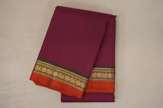 Deep Magenta with Dual Tone of Green and Maroon Borders and Orange Selvedge Vintage Kanjivaram Silk Saree by Shreenivas Silks PSSR019627