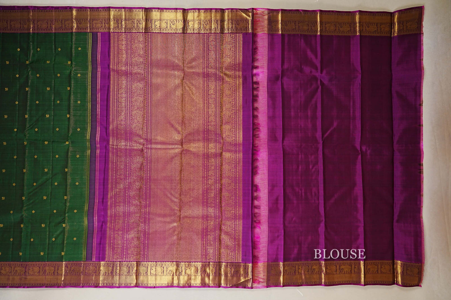 Bottle Green with Magenta Borders Heirloom Kanjivaram Silk Saree  blouse
