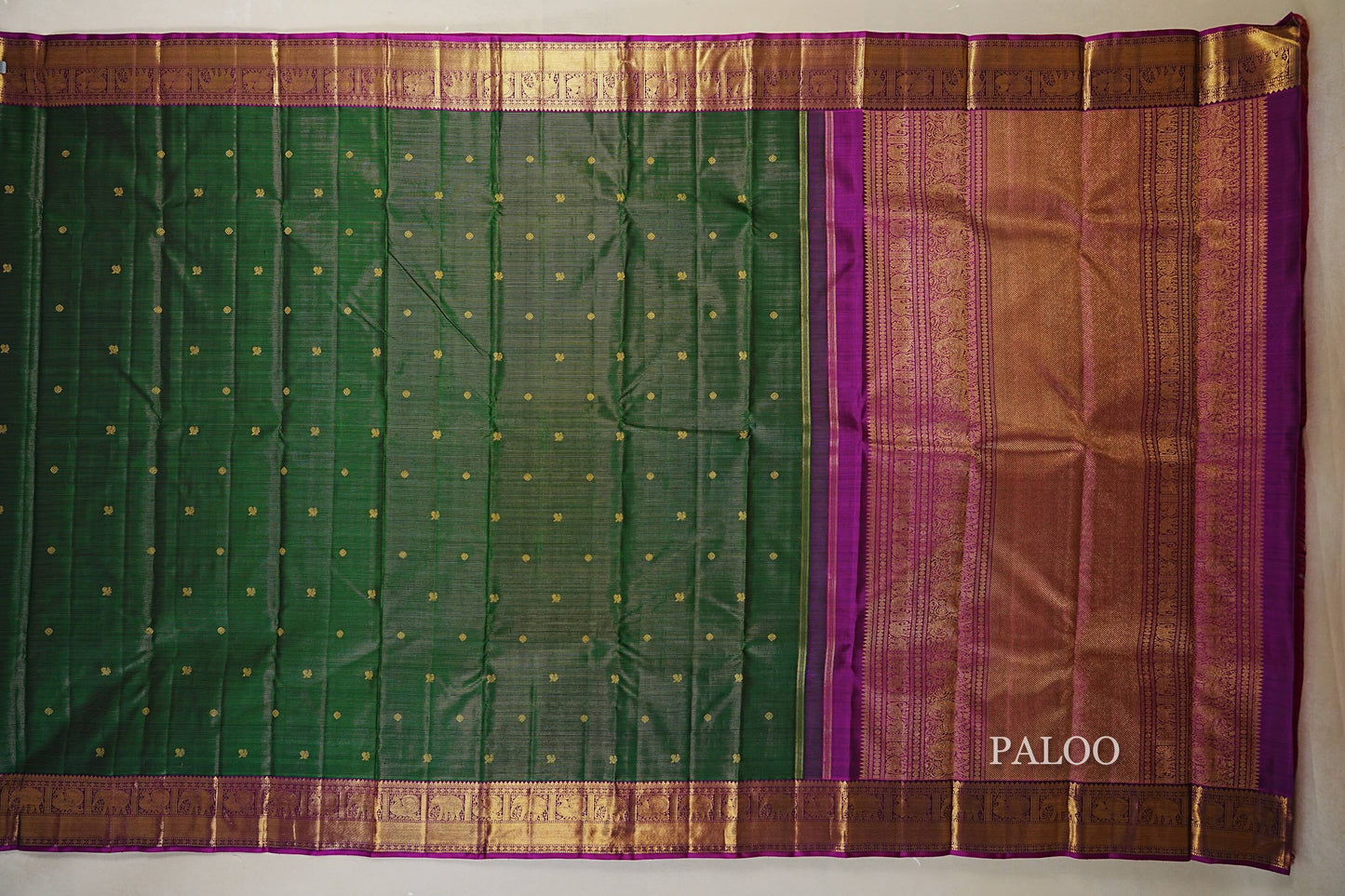 Bottle Green with Magenta Borders Heirloom Kanjivaram Silk Saree  paloo