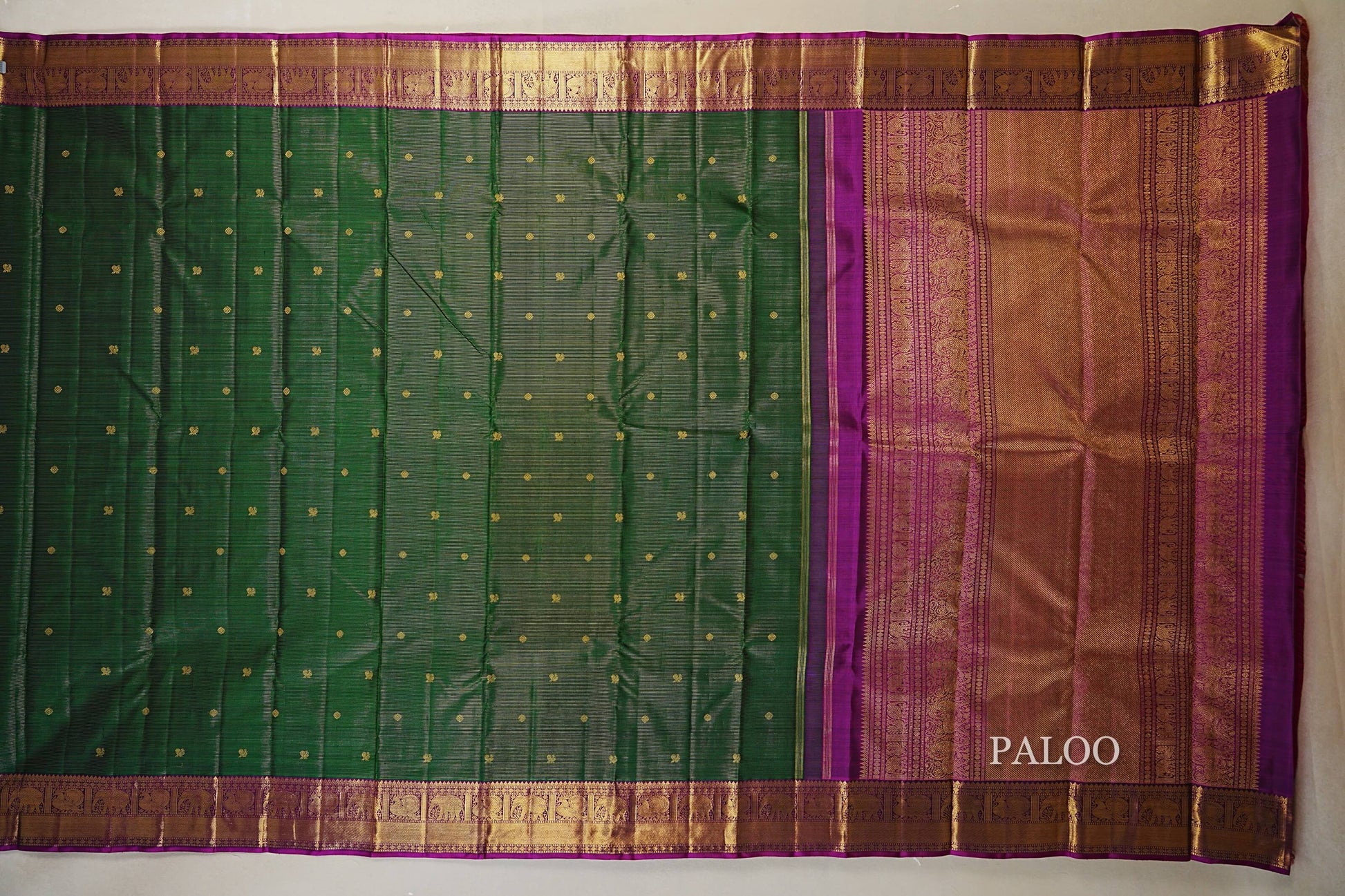 Bottle Green with Magenta Borders Heirloom Kanjivaram Silk Saree  paloo
