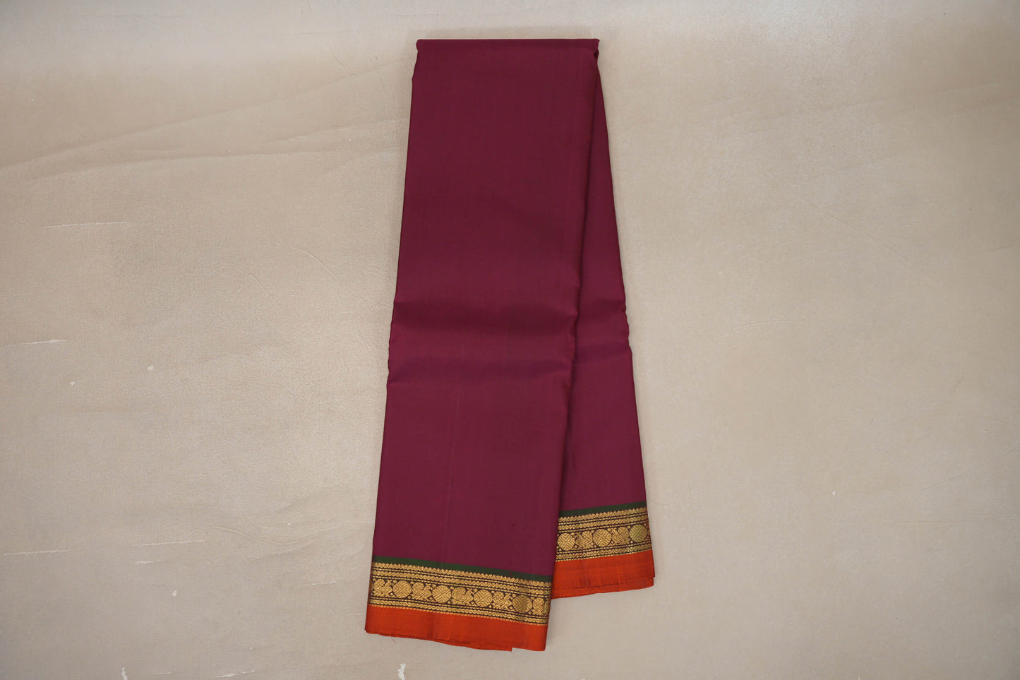 Deep Magenta with Dual Tone of Green and Maroon Borders and Orange Selvedge Vintage Kanjivaram Silk Saree by Shreenivas Silks PSSR019627