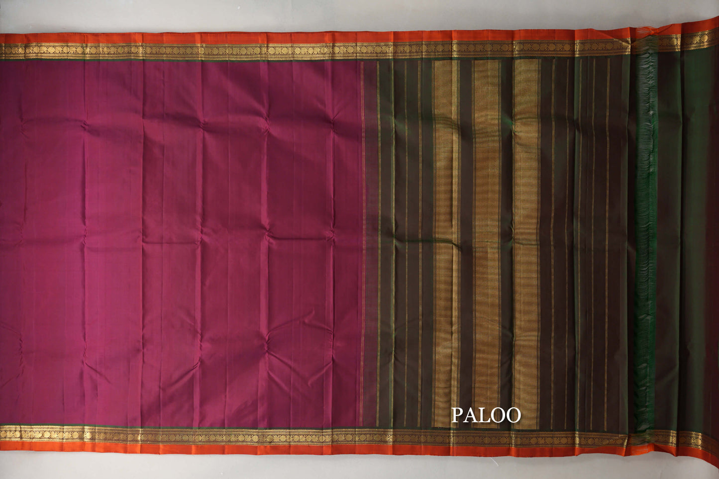 Deep Magenta with Dual Tone of Green and Maroon Borders and Orange Selvedge Vintage Kanjivaram Silk Saree by Shreenivas Silks PSSR019627