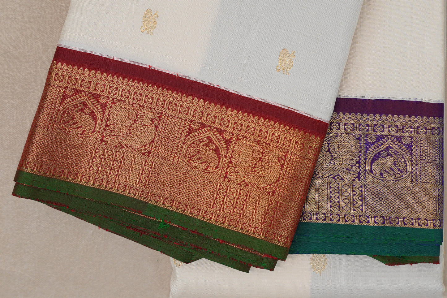 Cream with Deep Maroon and Deep Violet Borders Vintage Kanjivaram Silk Saree by Shreenivas Silks PSSR019628