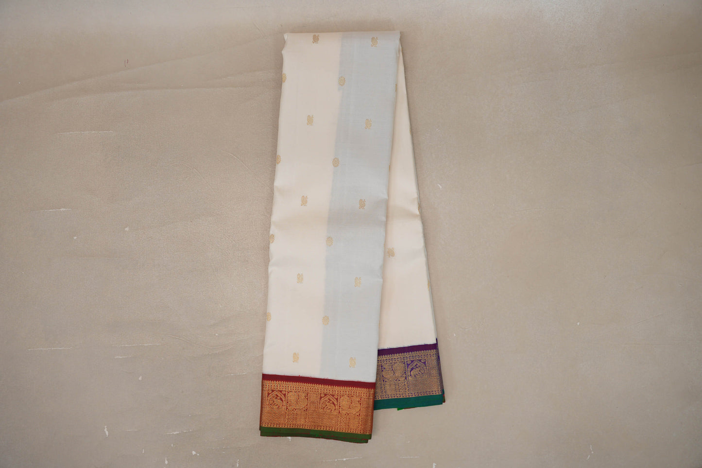 Cream with Deep Maroon and Deep Violet Borders Vintage Kanjivaram Silk Saree by Shreenivas Silks PSSR019628