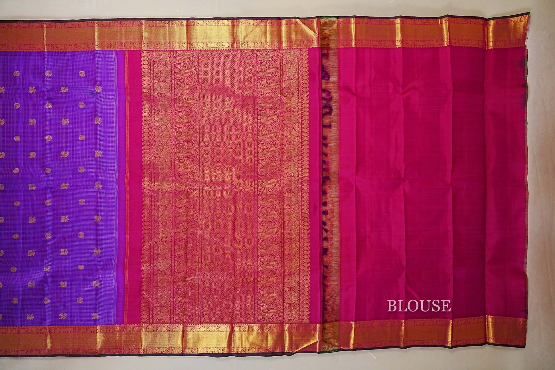 Dual Tone Purple and Blue with Rani Pink and Dark Green Selvedge Borders Heirloom Kanjivaram Silk Saree blouse
