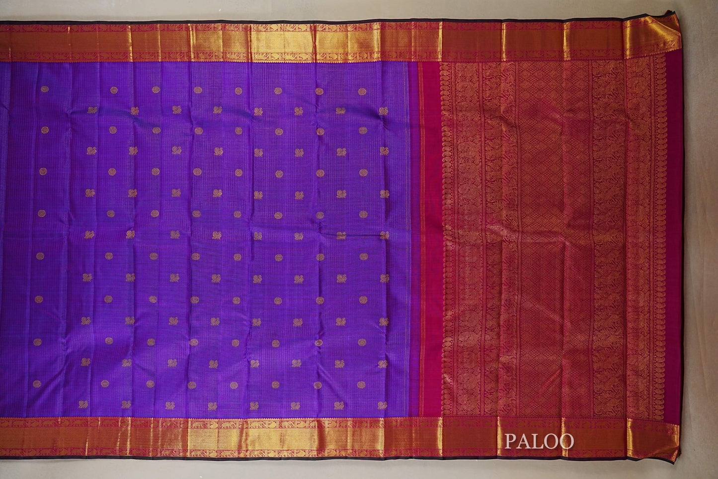 Dual Tone Purple and Blue with Rani Pink and Dark Green Selvedge Borders Heirloom Kanjivaram Silk Saree paloo