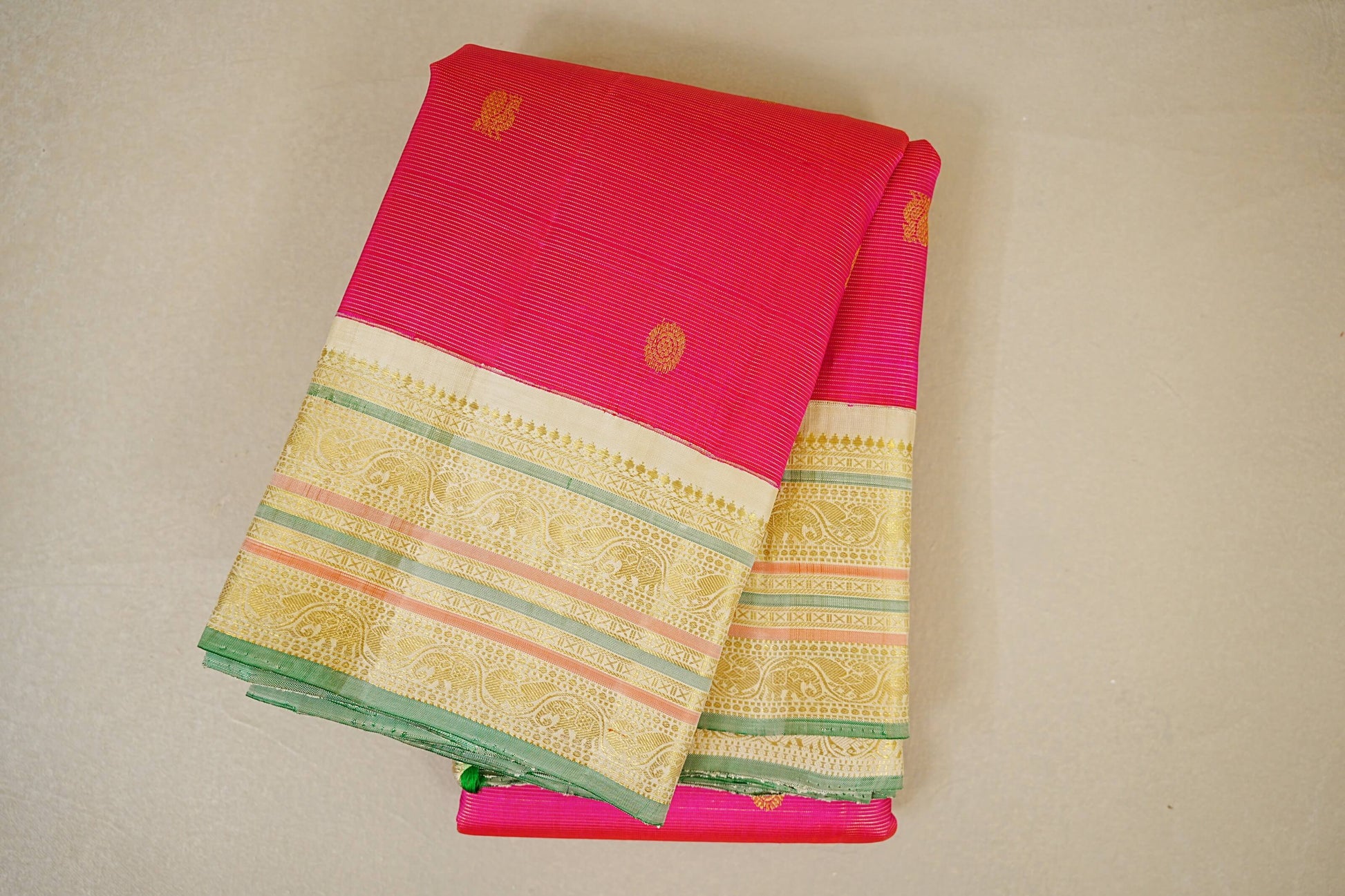 folded Rani Pink with Cream Borders  Vaira Oosi Vintage Kanjivaram Silk Saree