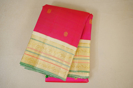 folded Rani Pink with Cream Borders  Vaira Oosi Vintage Kanjivaram Silk Saree