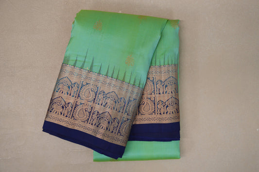 Yellowish Green with Deep Blue Borders Light Weight Kanchipuram Silk Saree by Shreenivas Silks PSSR019638