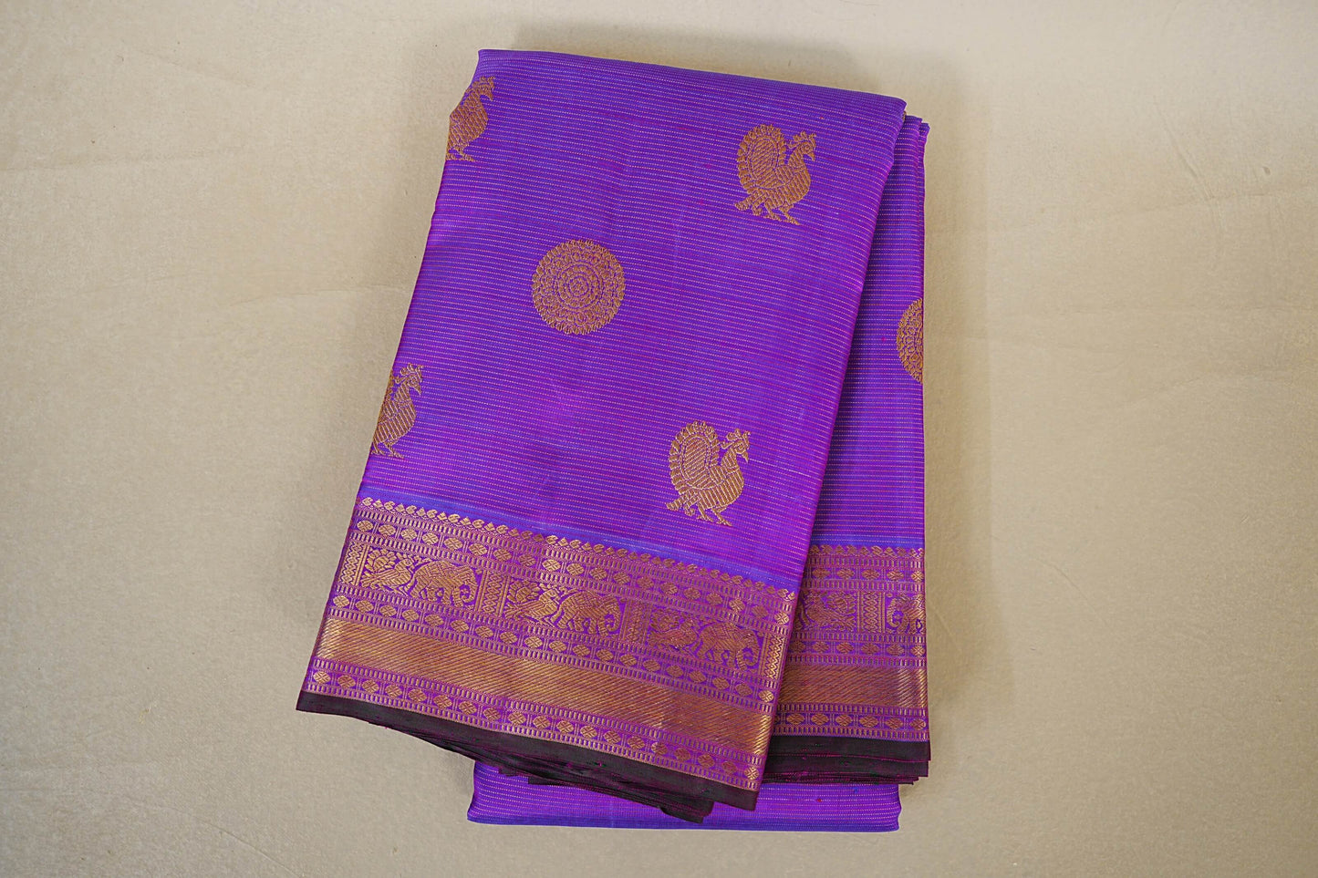 folded Dual Tone Purple and Blue Heirloom Kanjivaram Silk Saree