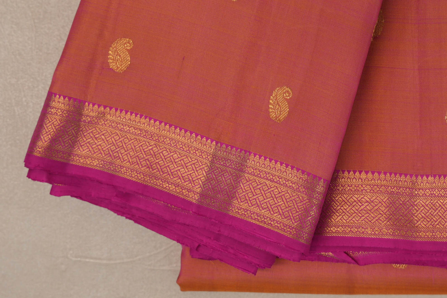 Dual Tone of Yellow and Pink with Bright Pink Borders Vintage Kanjivaram Silk Saree by Shreenivas Silks PSSR019649