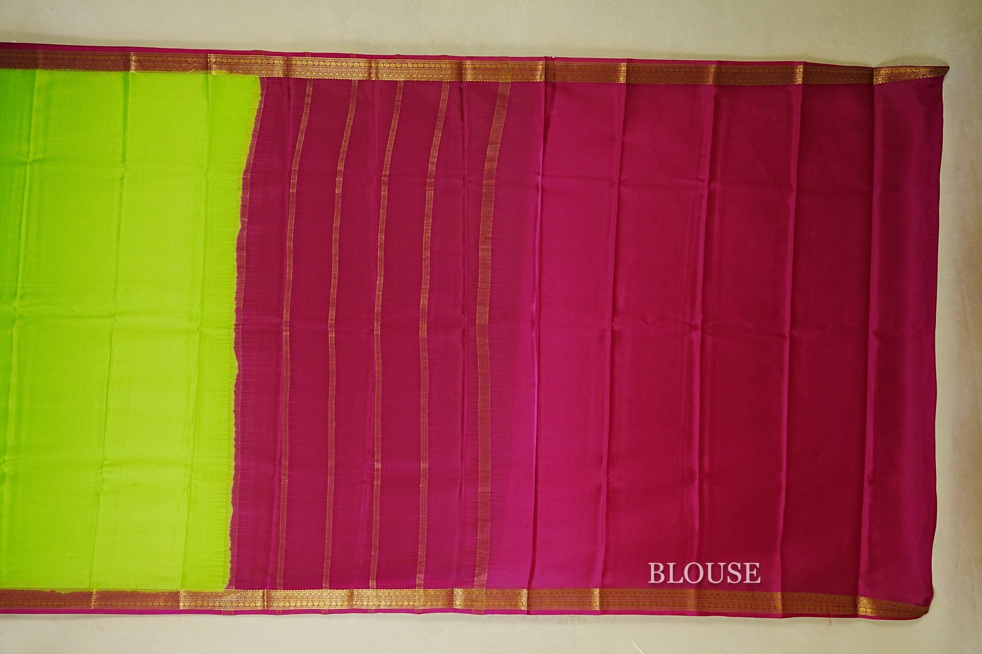 Parrot Green with rani pink borders Mysore Silk Saree  blouse