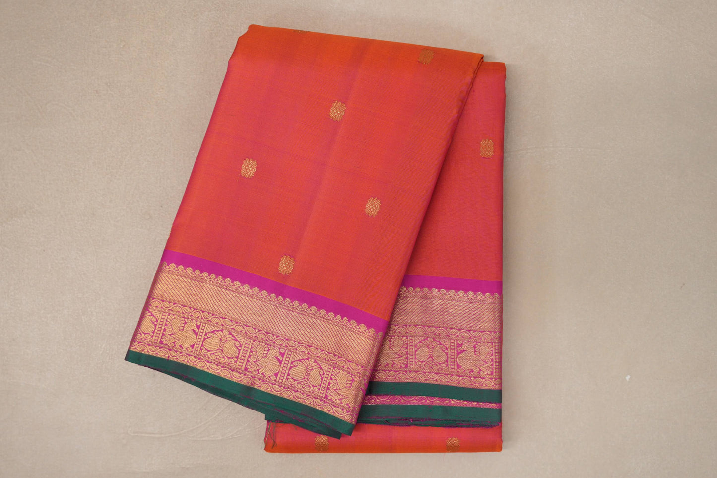 folded Dual Tone of Orange and Pink  Vintage Kanjivaram Silk Saree 