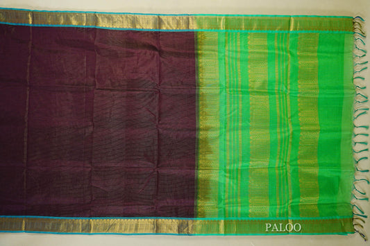 Deep purple with teal blue borders Vegan Silkcotton Saree  paloo