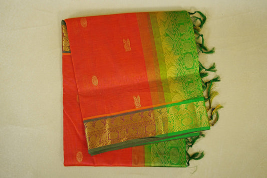 Pinkish Orange with leaf green borders Vegan Silkcotton Saree