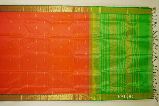 Pinkish Orange with leaf green borders Vegan Silkcotton Saree paloo
