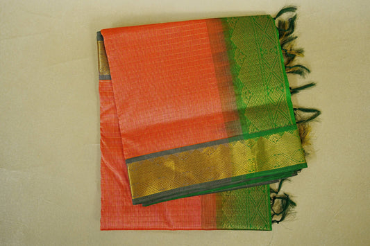 Peachy Orange with leaf green borders Vegan Silkcotton Saree