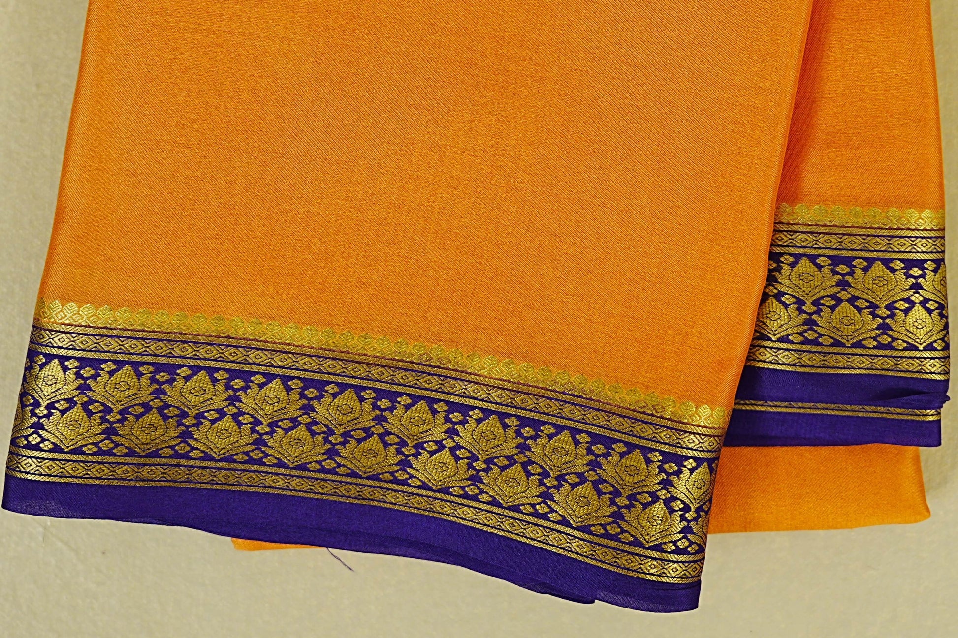 Turmeric Orange with dark royal purple borders Mysore Silk Saree border