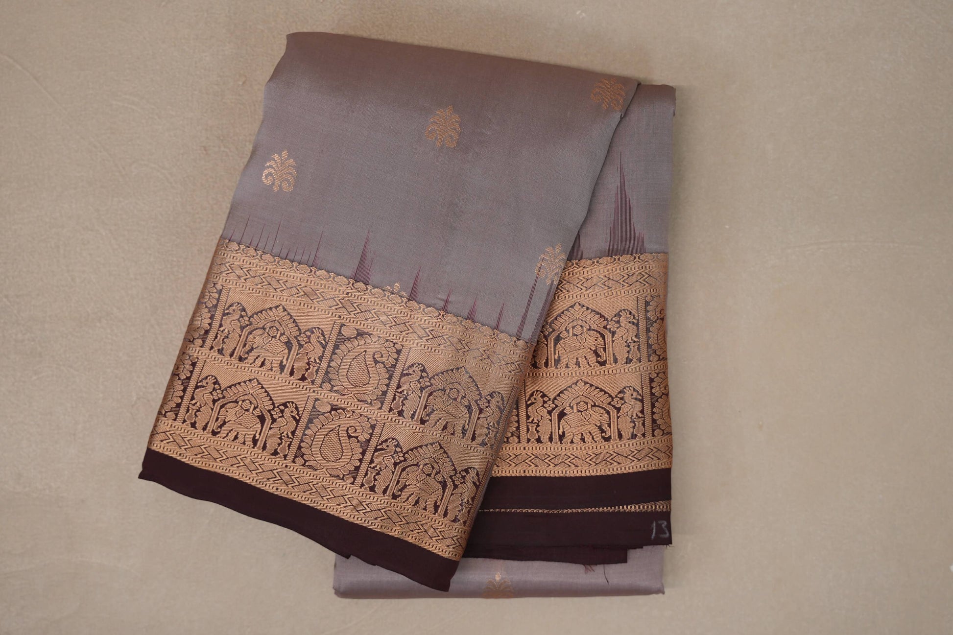 folded Mushroom Brown Light Weight Kanchipuram Silk Saree