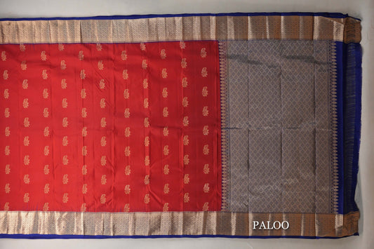 Tomato Red Light Weight Kanchipuram Silk Saree paloo