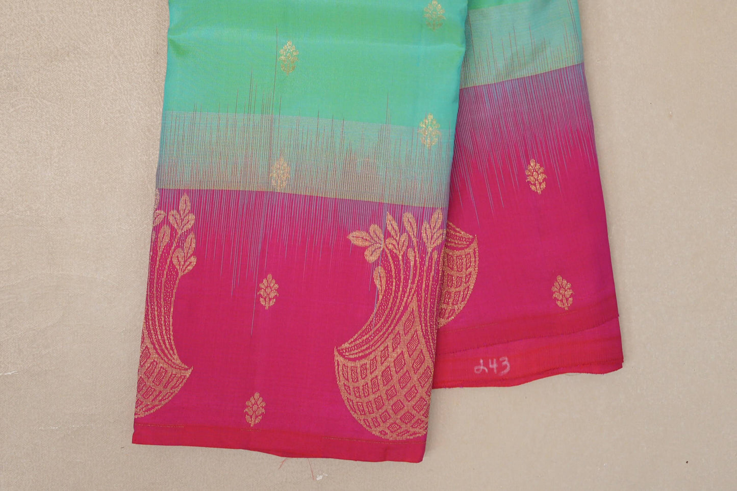 Dual Tone of Aqua Blue and Parrot Green Light Weight Kanchipuram Silk Sareeborder zoom