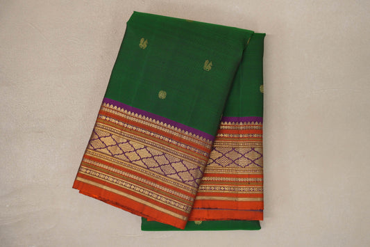 Deep Bottle Green with multicolor borders Vintage Kanjivaram Silk Saree by Shreenivas Silks