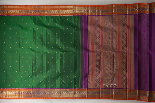 Deep Bottle Green with multicolor borders Vintage Kanjivaram Silk Saree by Shreenivas Silks paloo