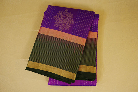Royal Purple with Magenta Undertone with deep green borders Light Weight Kanchipuram Silk Saree 