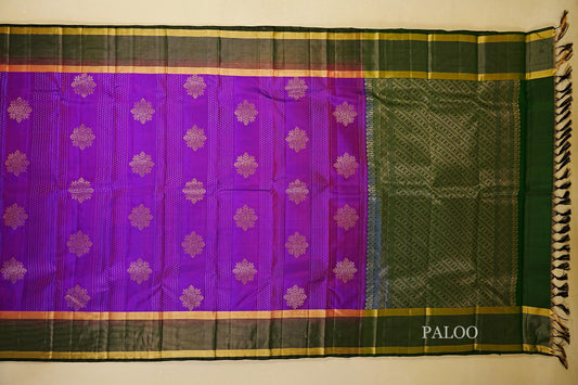 Royal Purple with Magenta Undertone with deep green borders Light Weight Kanchipuram Silk Saree paloo