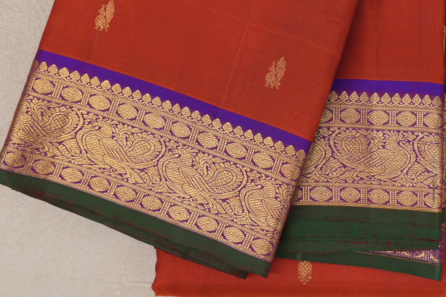 Rust orange with Deep Purple Vintage Kanjivaram Silk Saree by Shreenivas Silks border