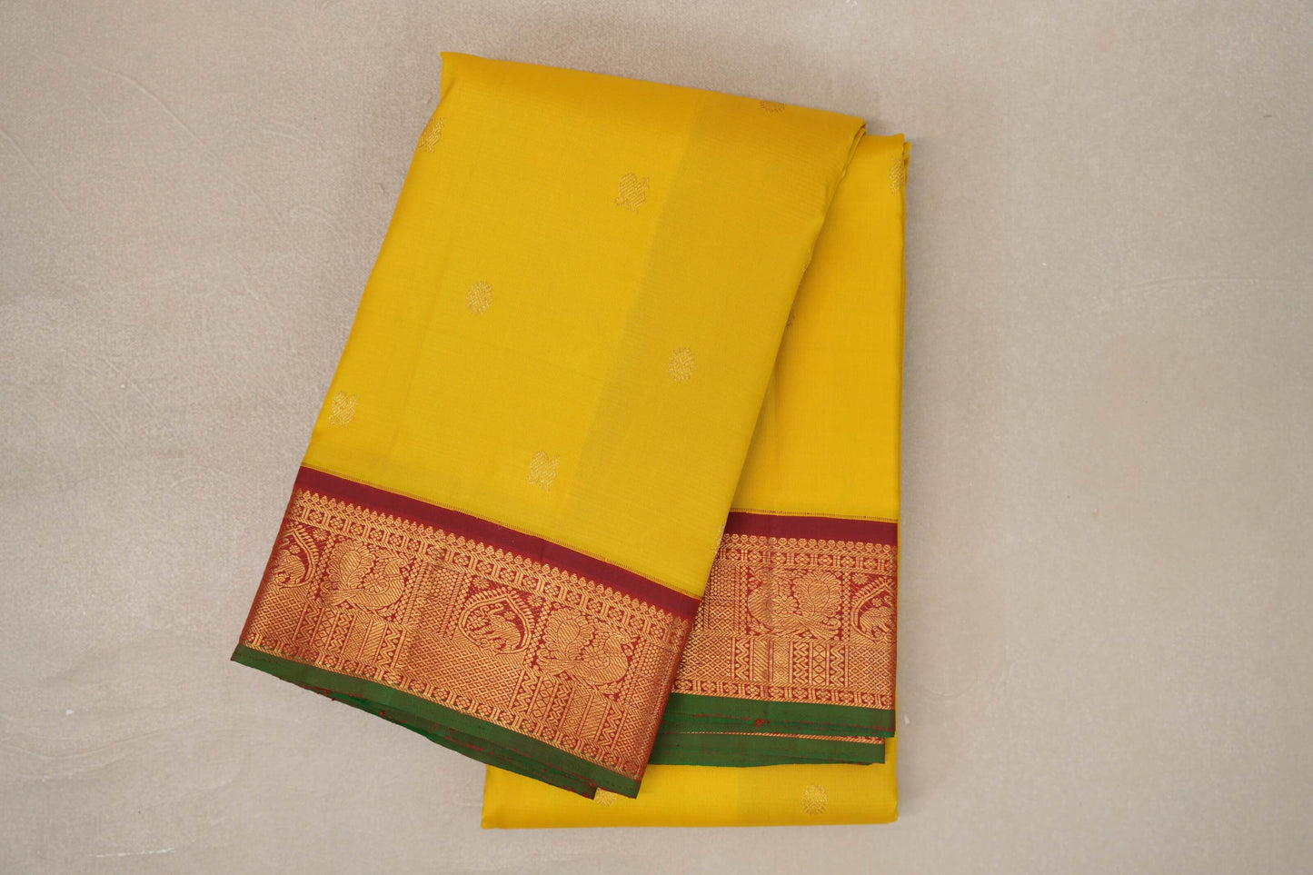 Bright Yellow with Deep maroon borders Vintage Kanjivaram Silk Saree