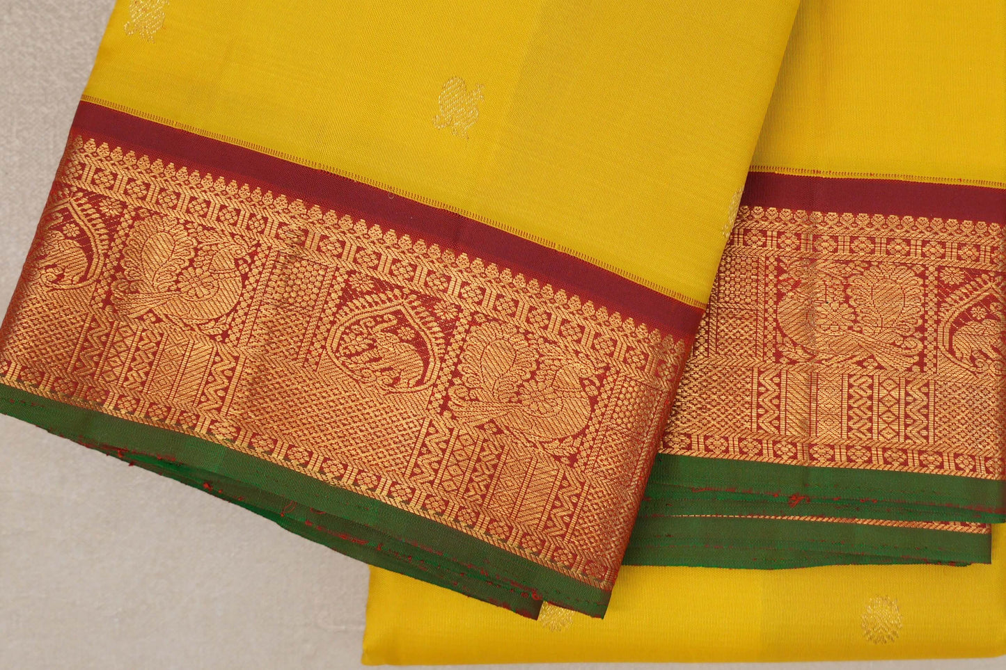 Bright Yellow with Deep maroon borders Vintage Kanjivaram Silk Saree border 