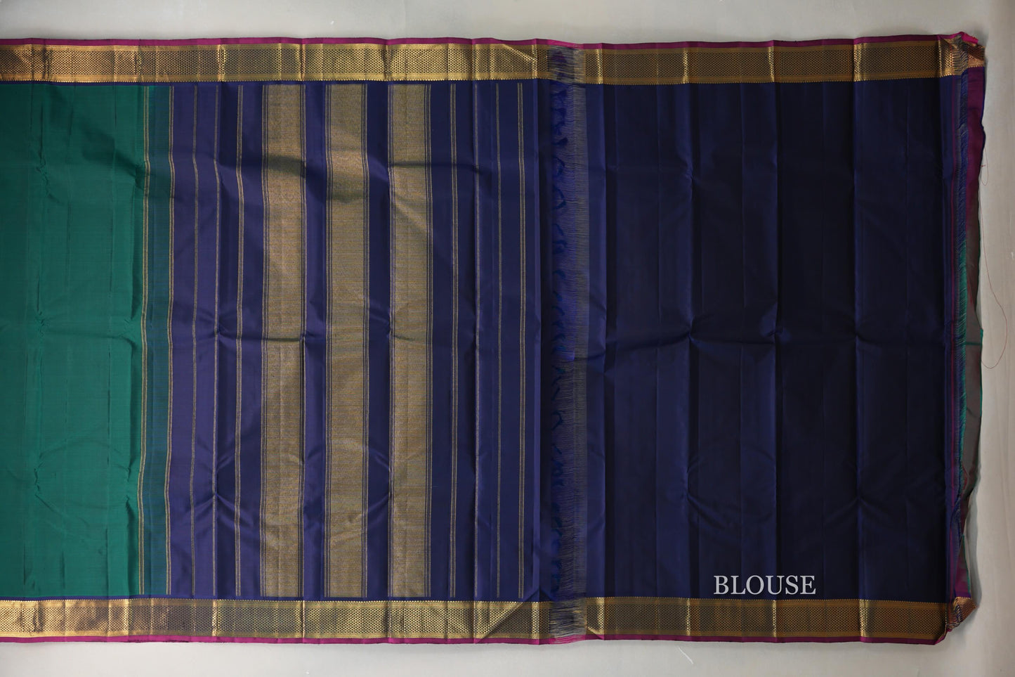 Deep Bottle Green with deep blue Vintage Kanjivaram Silk Saree by Shreenivas Silks blouse