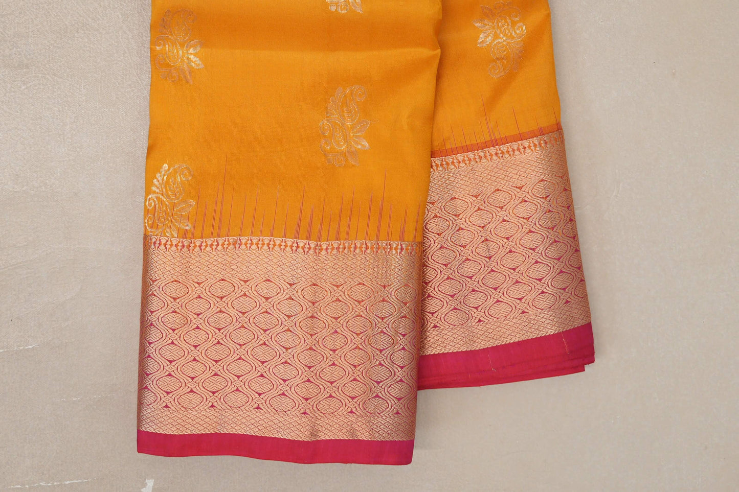 Mango yellow with Rani Pink borders Light Weight Kanchipuram Silk Saree by Shreenivas Silks PSSR019684