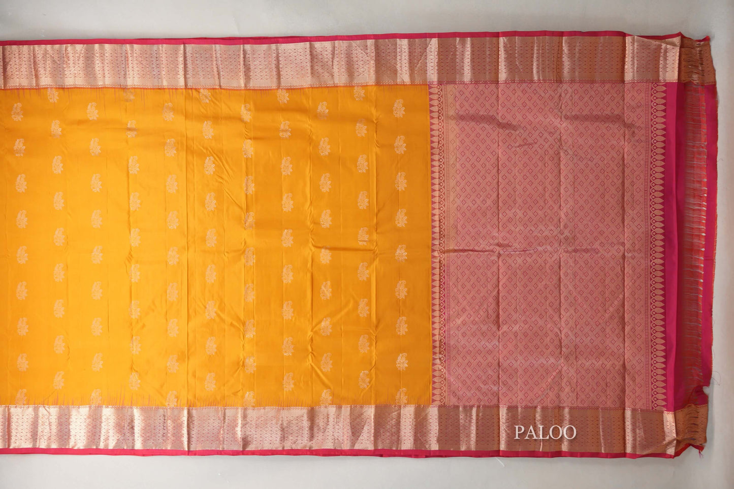 Mango yellow with Rani Pink borders Light Weight Kanchipuram Silk Saree  paloo