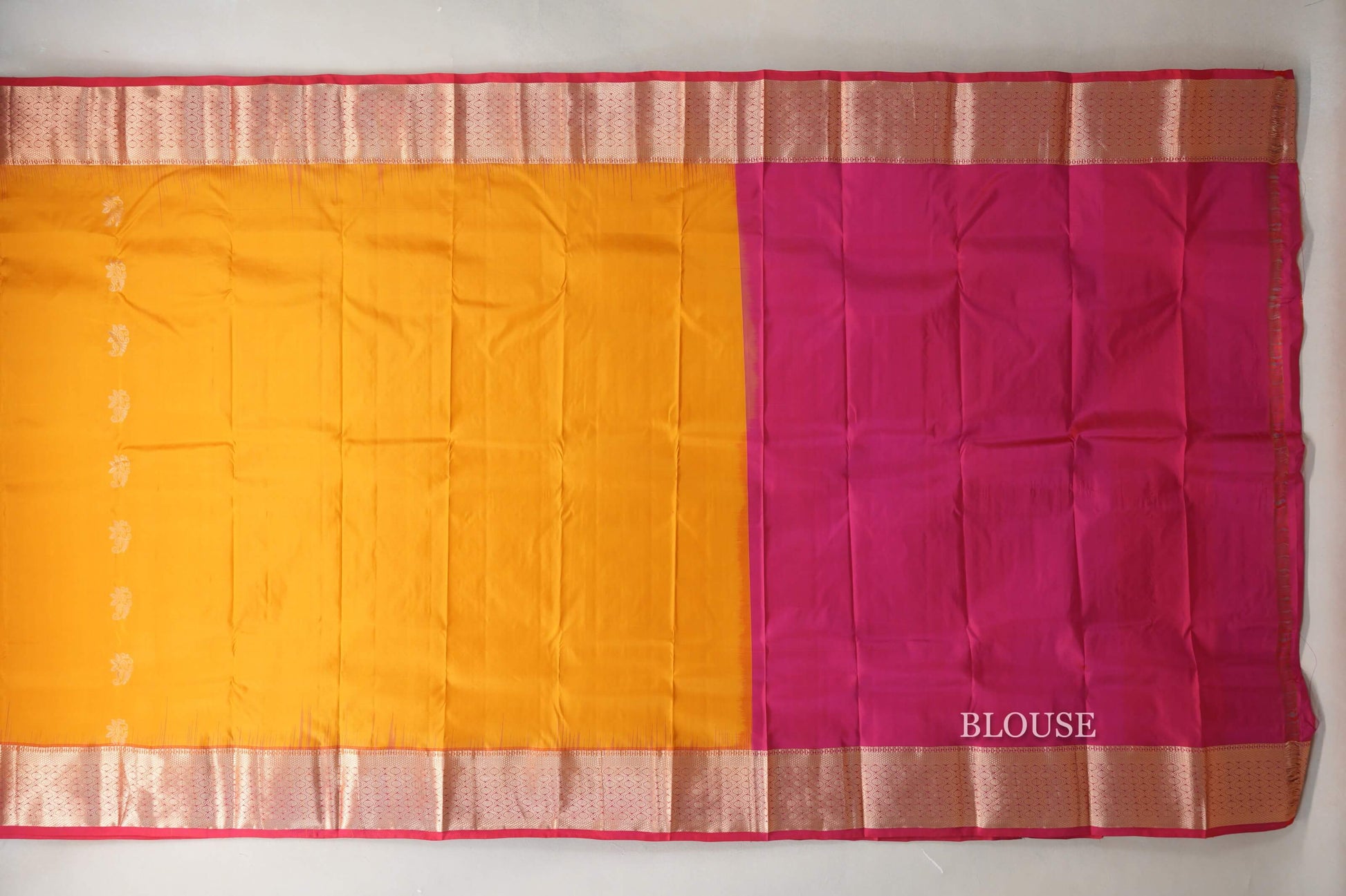 Mango yellow with Rani Pink borders Light Weight Kanchipuram Silk Saree blouse