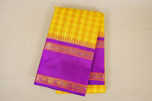 folded Mustard Yellow Checks with Purple Rettai Pettu Borders Vintage Kanjivaram Silk Saree