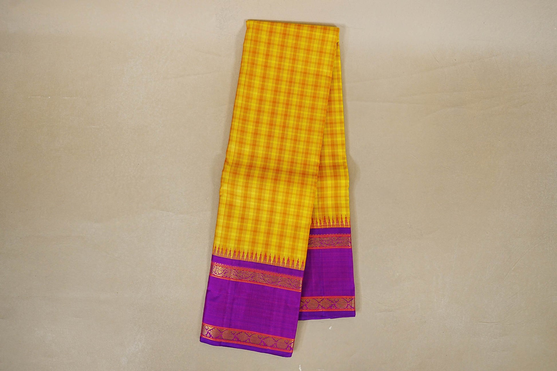 Mustard Yellow Checks Vintage Kanjivaram Silk Saree online