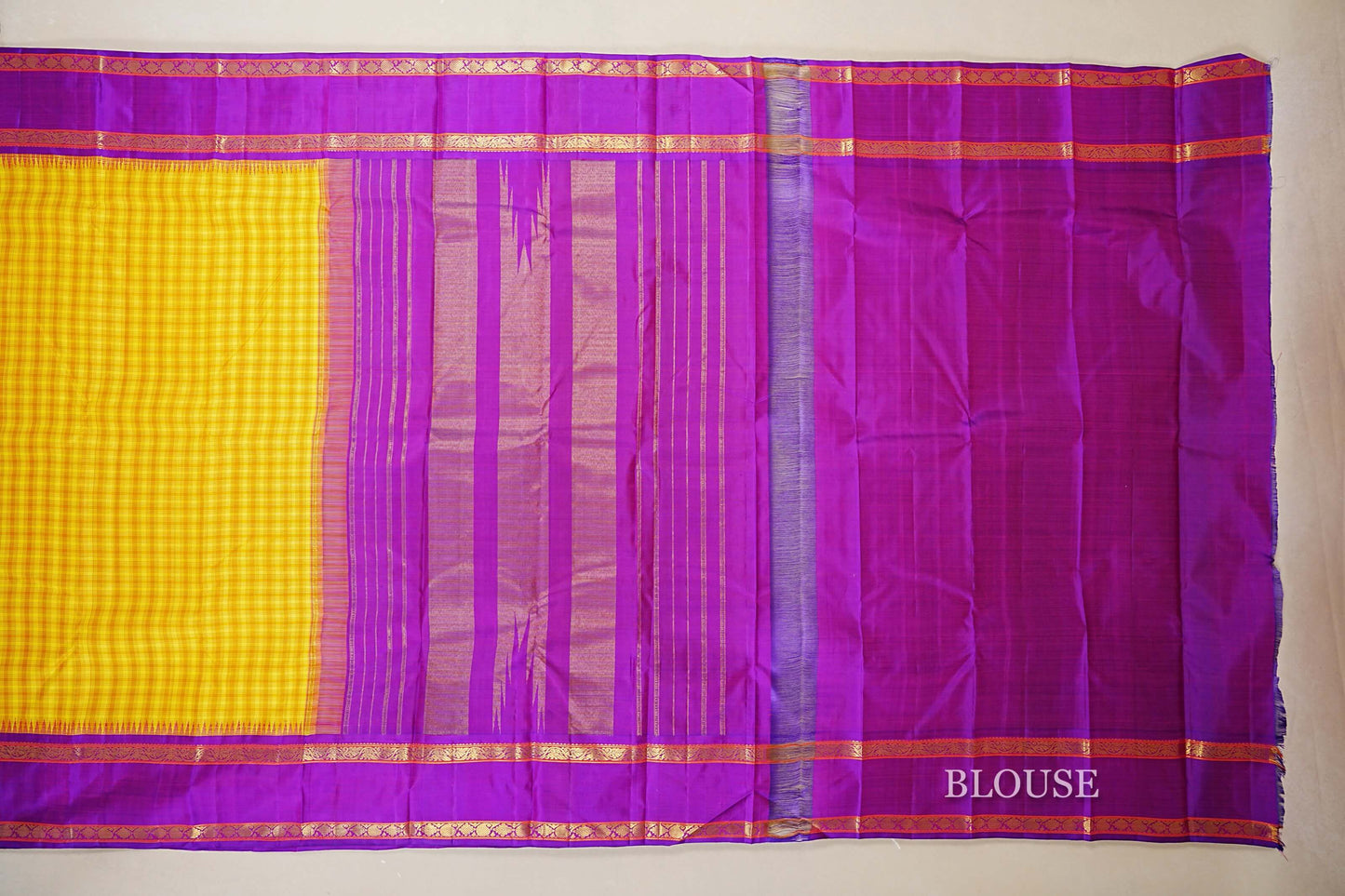 Mustard Yellow Checks Vintage Kanjivaram Silk Saree blouse