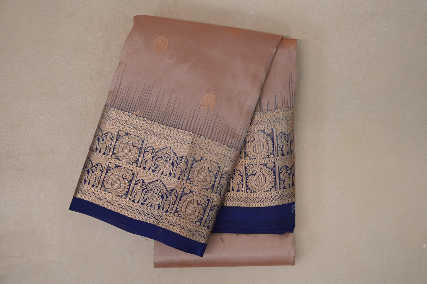 Mushroom Brown with Deep blue borders Light Weight Kanchipuram Silk Saree by Shreenivas Silks PSSR019686