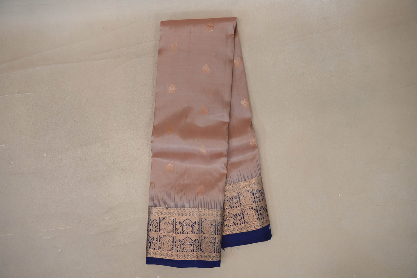 Mushroom Brown with Deep blue borders Light Weight Kanchipuram Silk Saree by Shreenivas Silks PSSR019686