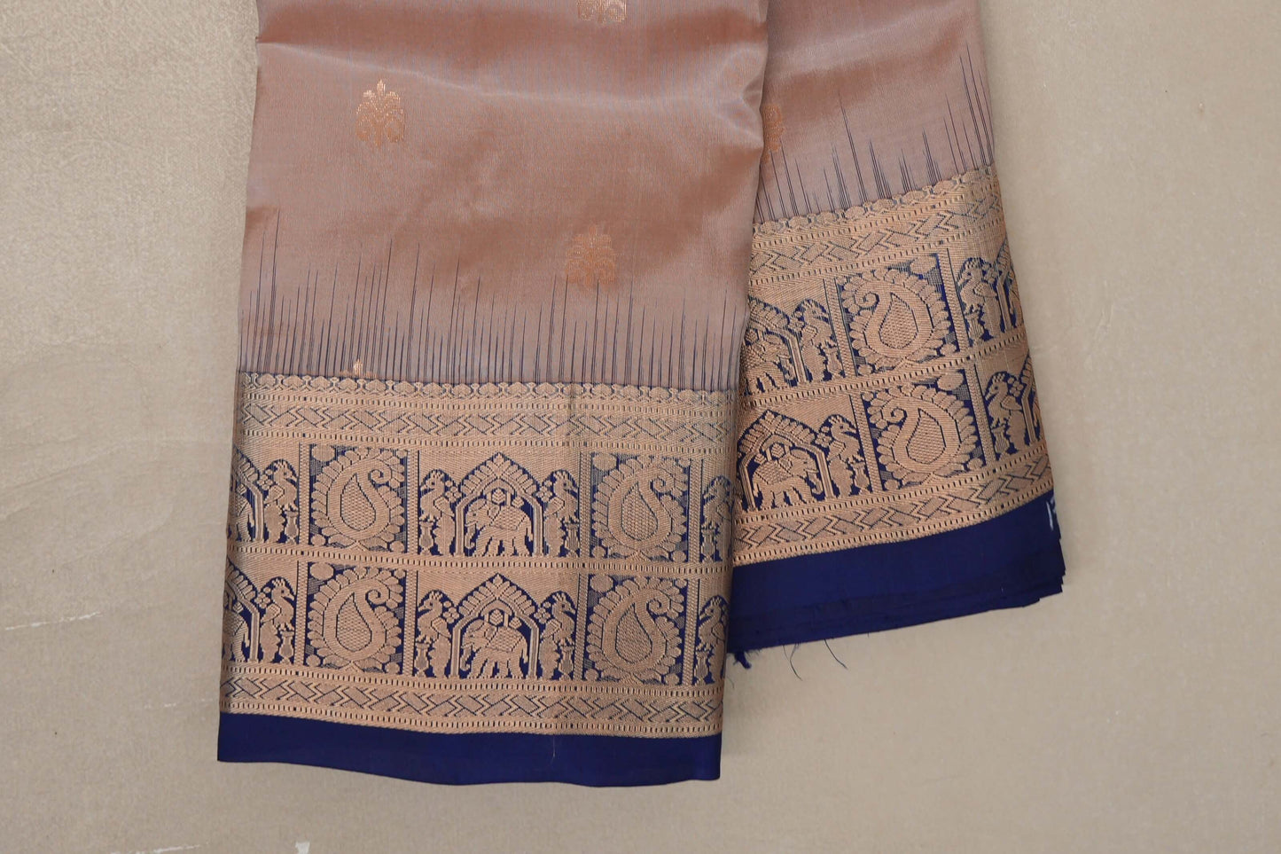 Mushroom Brown with Deep blue borders Light Weight Kanchipuram Silk Saree by Shreenivas Silks PSSR019686