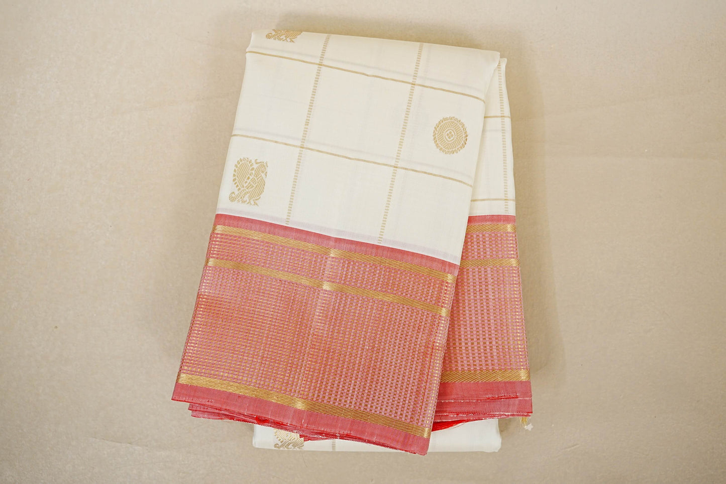 folded Off White with Peach Pink Borders Vintage Kanjivaram Silk Saree