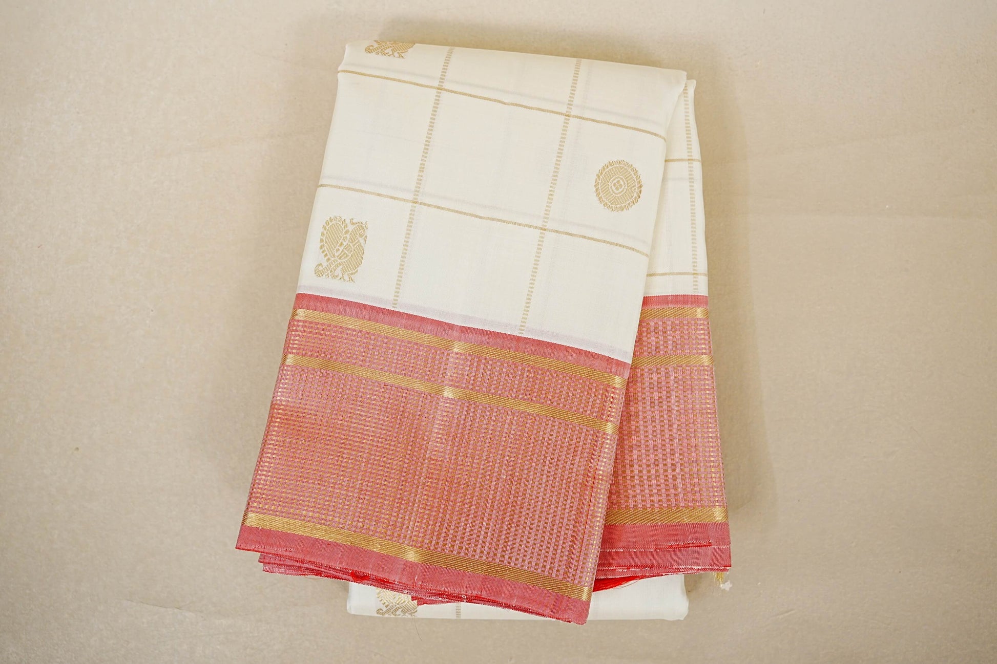 folded Off White with Peach Pink Borders Vintage Kanjivaram Silk Saree