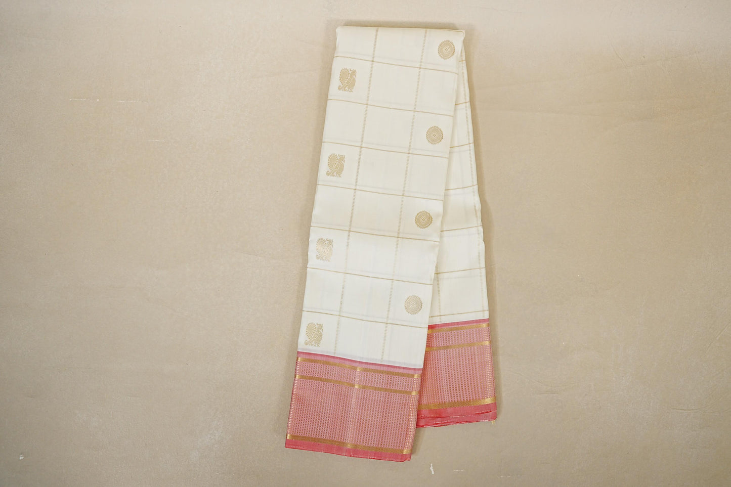 Off White with Peach Pink Borders Vintage Kanjivaram Silk Saree online