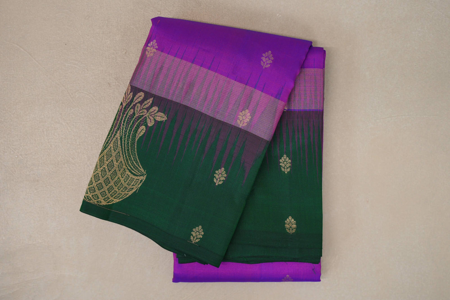 Dual Tone of Bright Magenta & Blue with bottle green borders Light Weight Kanjivaram Silk Saree