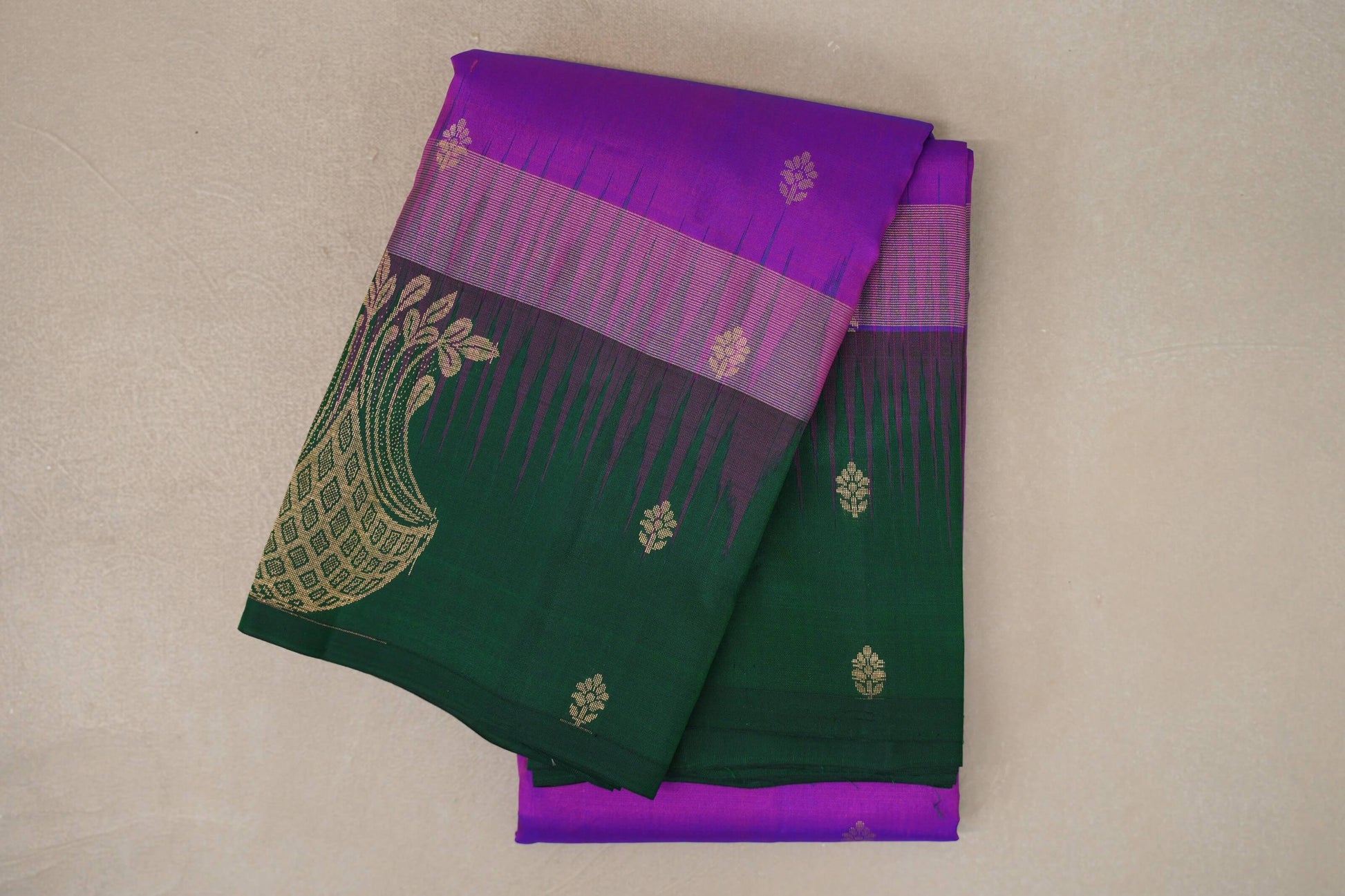 Dual Tone of Bright Magenta & Blue with bottle green borders Light Weight Kanjivaram Silk Saree