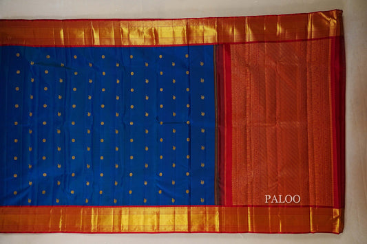Peacock Blue with Bright Red Borders Vintage Kanjivaram Silk Saree  paloo