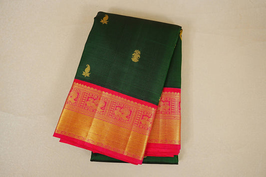 Bottle Green with Rani Pink Borders Vintage Kanjivaram Silk Saree folded 